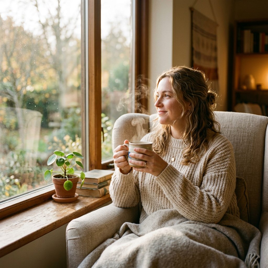 Mulher apreciando café e bem-estar